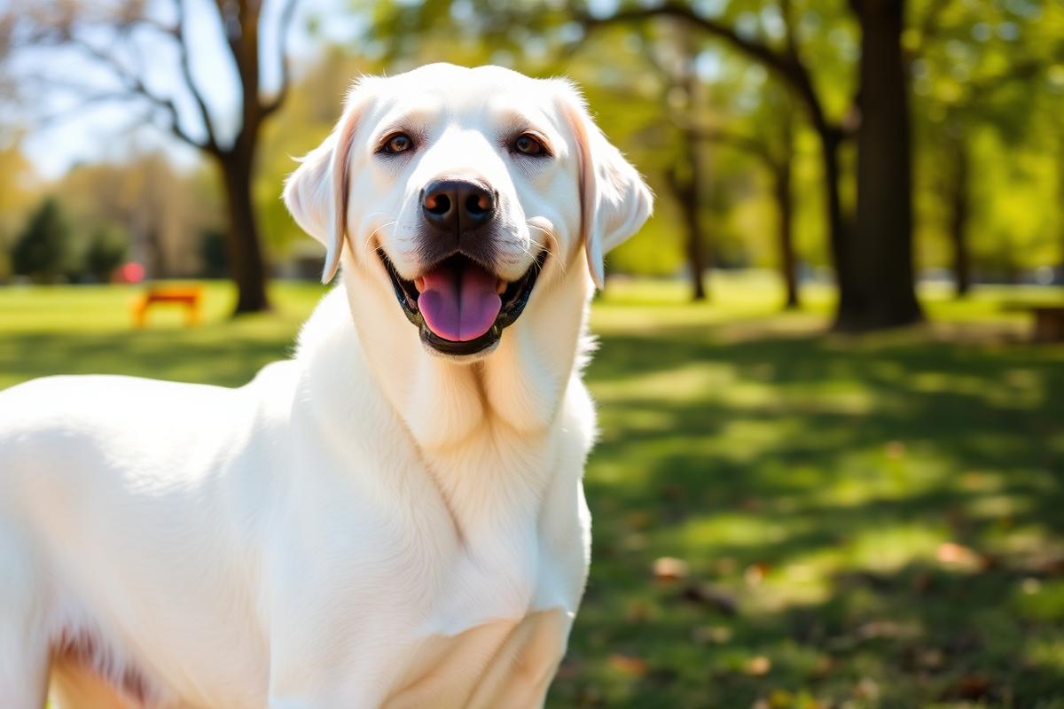 Labrador Retriever blanco adulto en el parque