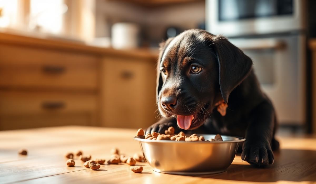 Cachorro labrador comiendo de su plato