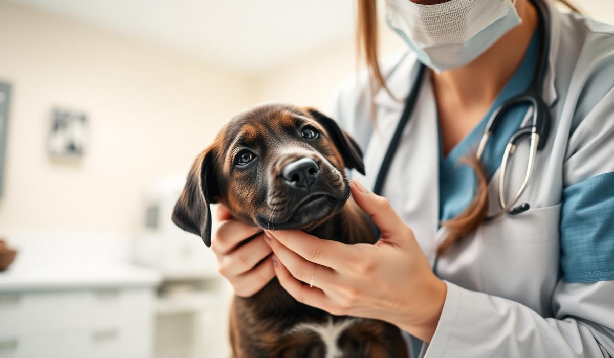 Veterinaria revisando a un cachorro labrador