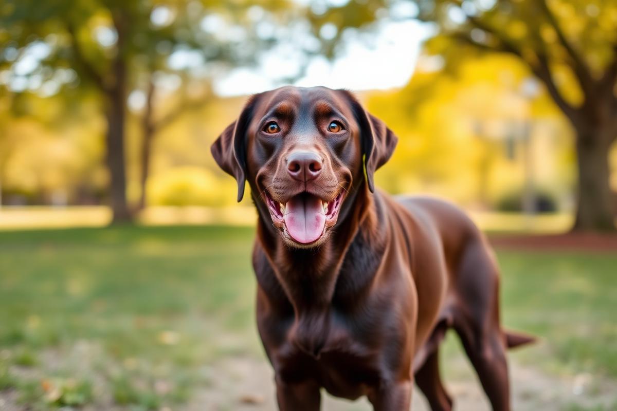 Labrador Retriever chocolate adulto en el parque